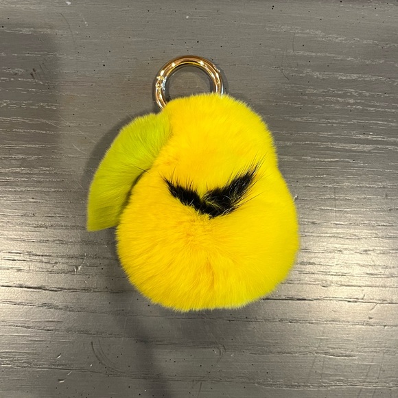 Faux Mink Fur Yellow Pear Smiley Face Keychain Bag Charm - Picture 1 of 9